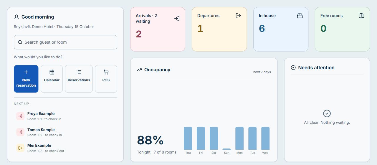 Reykjavík Demo Hotel dashboard with arrivals, departures, occupancy and work needing attention